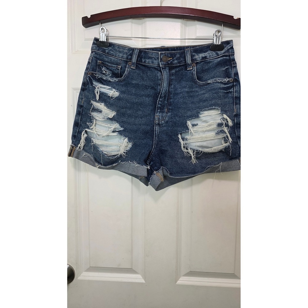 American Eagle Mom Shorts Womens 10 Blue‎ Distressed Denim Stretch High Waisted